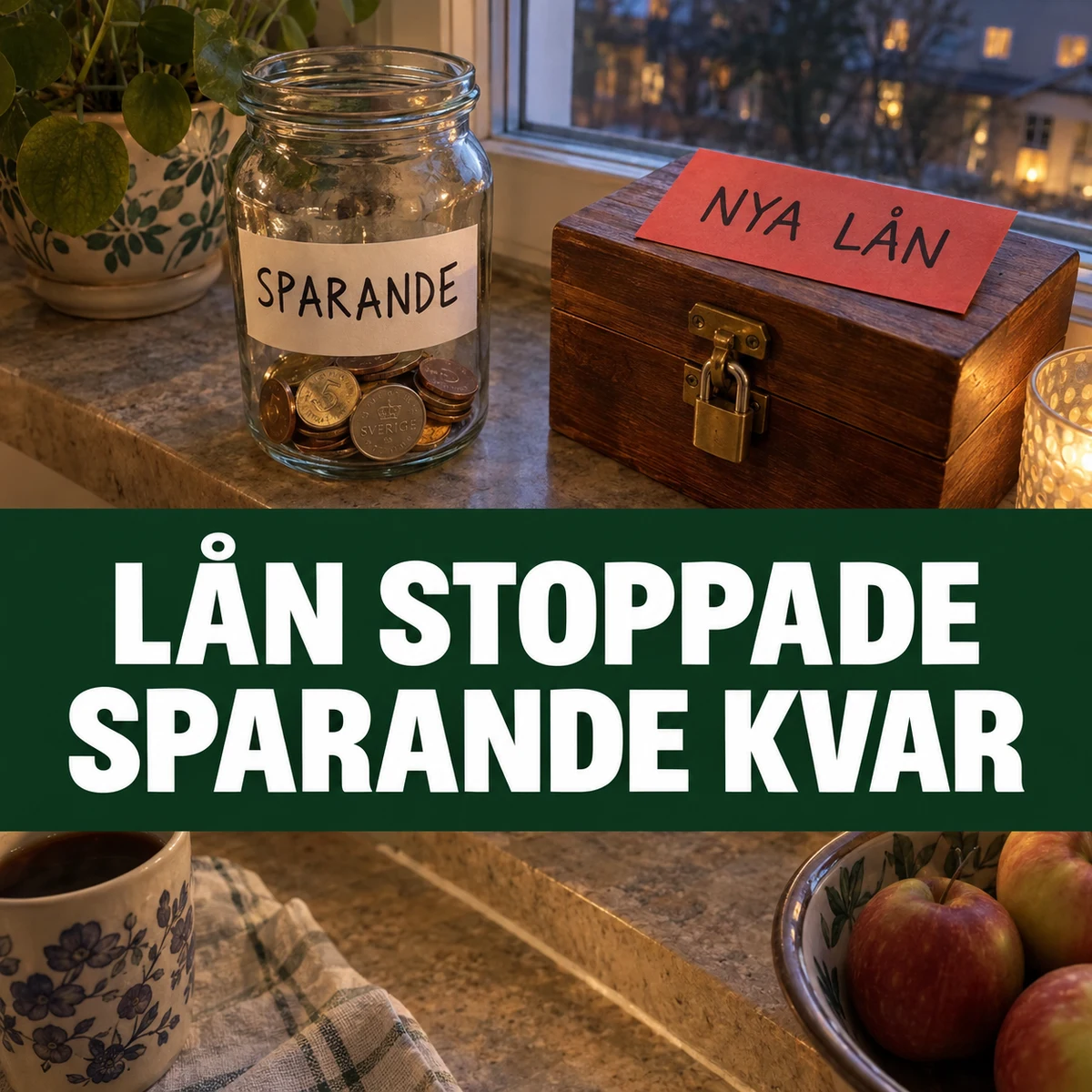 Sparburk och stängd trälåda på en svensk köksbänk i skymningen med texten Lån stoppade, sparande kvar