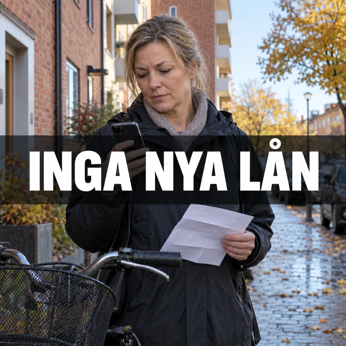 Kvinna på svensk höstgata kontrollerar mobilen och ett äldre lånebrev under texten Inga nya lån
