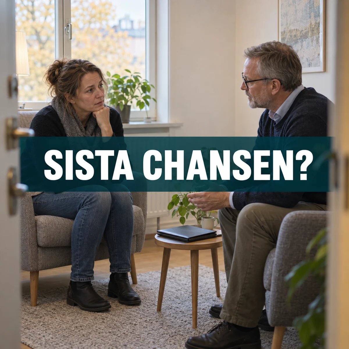 En kvinna samtalar med en rådgivare i ett ljust rum under texten Sista chansen?