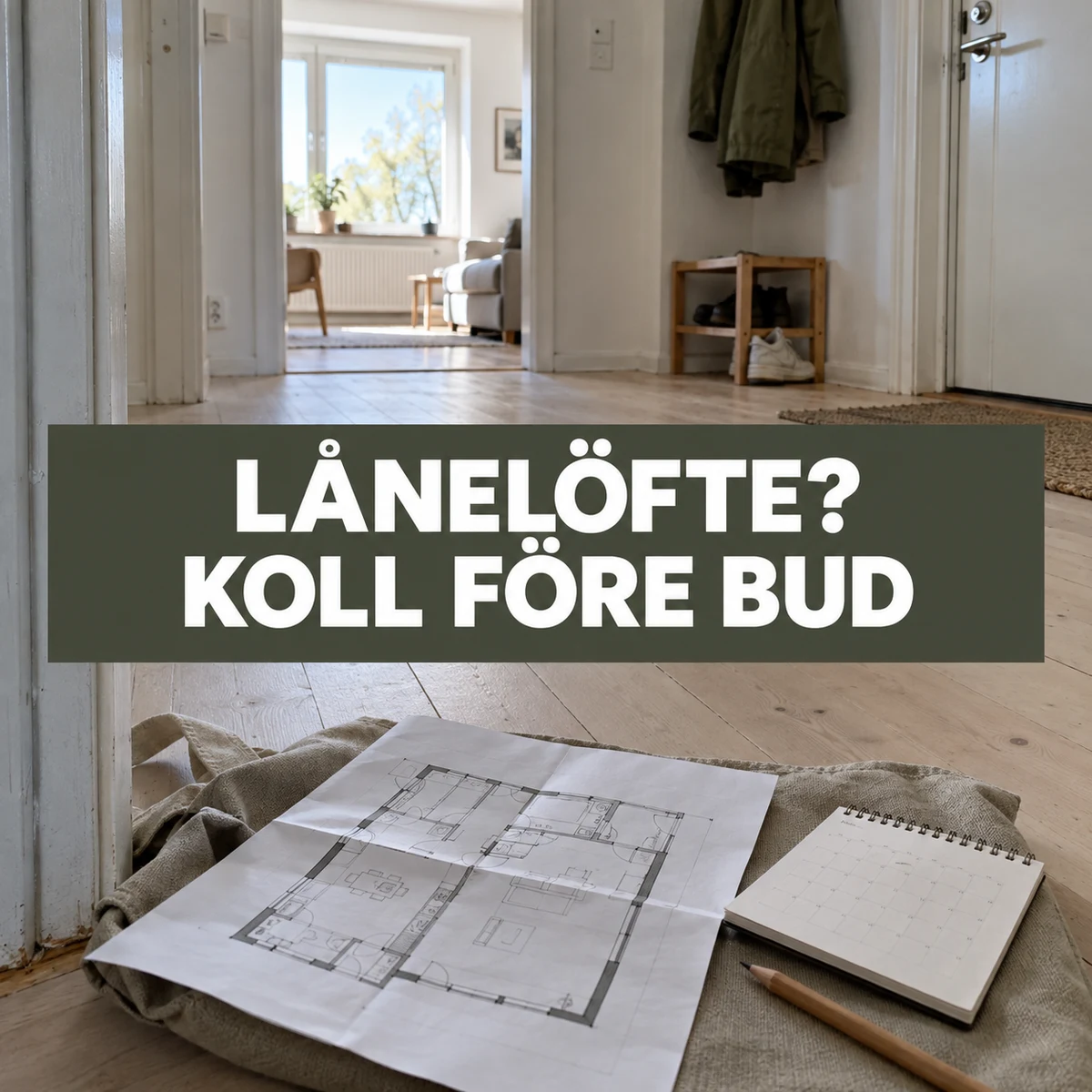 Planritning och kalender på en visningsväska i en ljus svensk lägenhetshall med texten Lånelöfte? Koll före bud