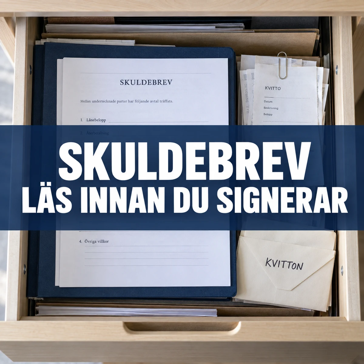 Skuldebrev och ett kuvert med kvitton i en öppen björklåda, med texten Skuldebrev – läs innan du signerar
