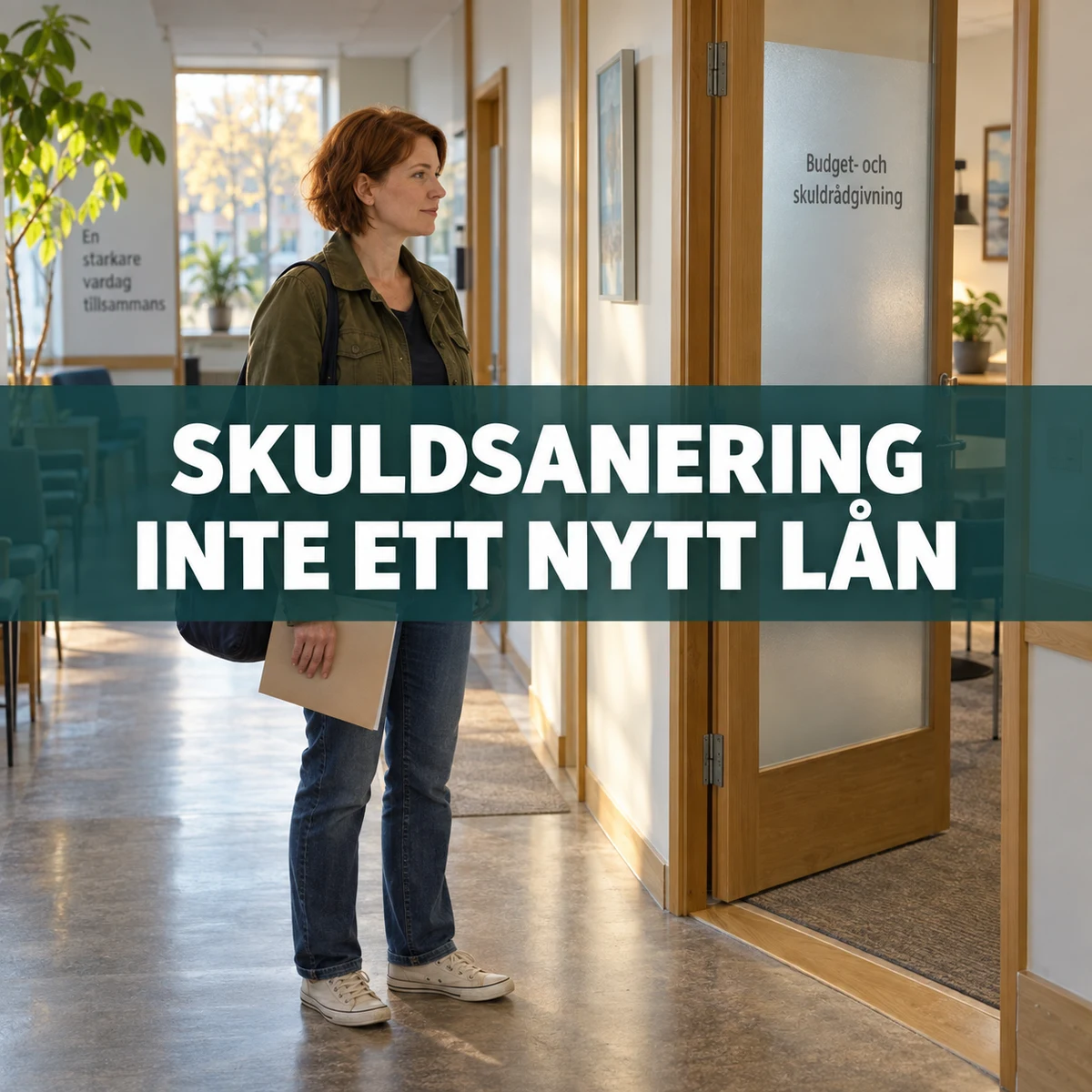 Kvinna med en mapp utanför ett kommunalt rådgivningsrum, med texten Skuldsanering – inte ett nytt lån