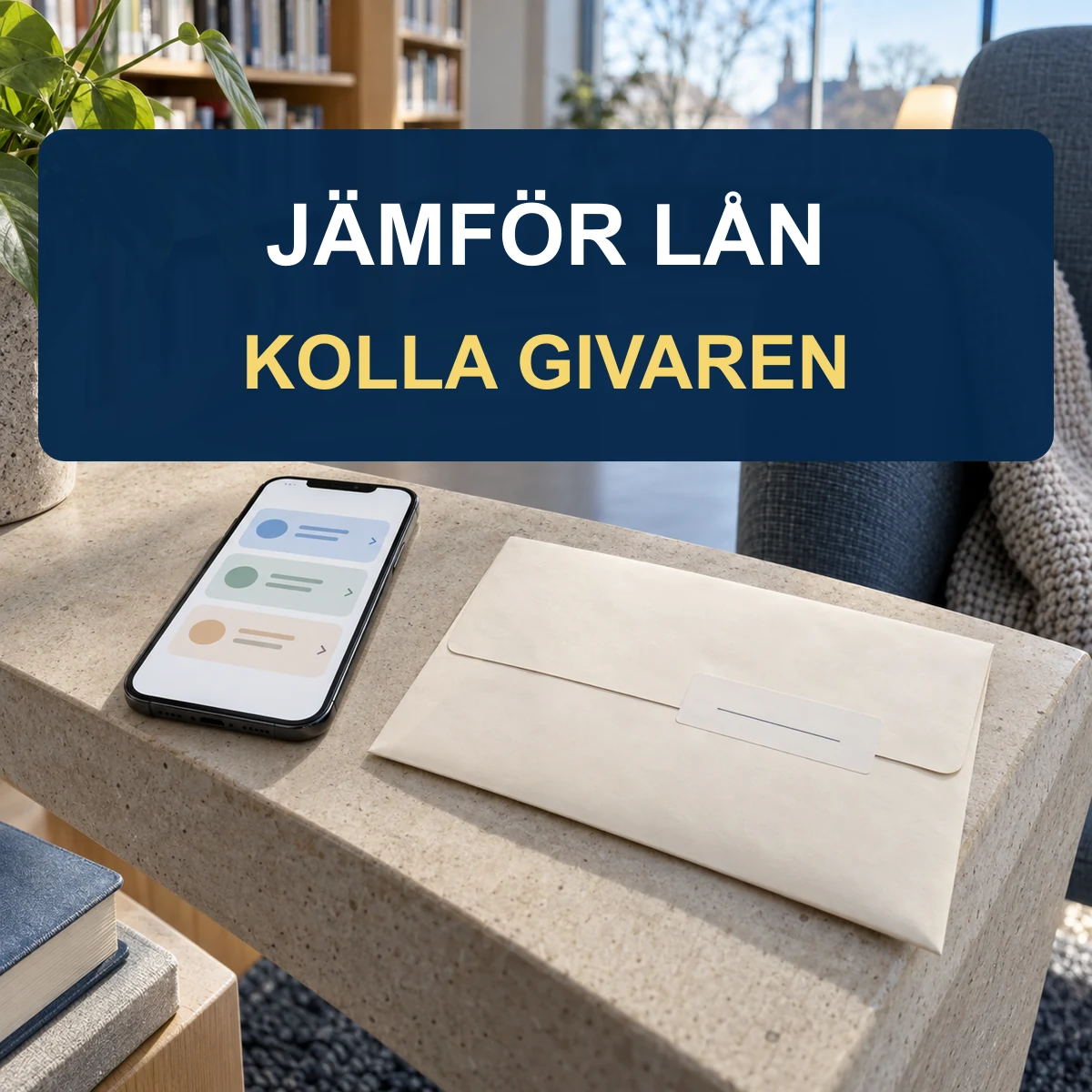 Mobil med tre lånealternativ bredvid ett separat avtalskuvert i ett ljust bibliotek, med texten Jämför lån och kolla givaren