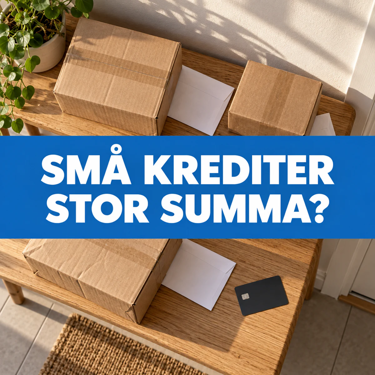 Tre paket från nätköp, neutrala fakturakuvert och ett omärkt kort på en hallbänk med stor central text Små krediter, stor summa?