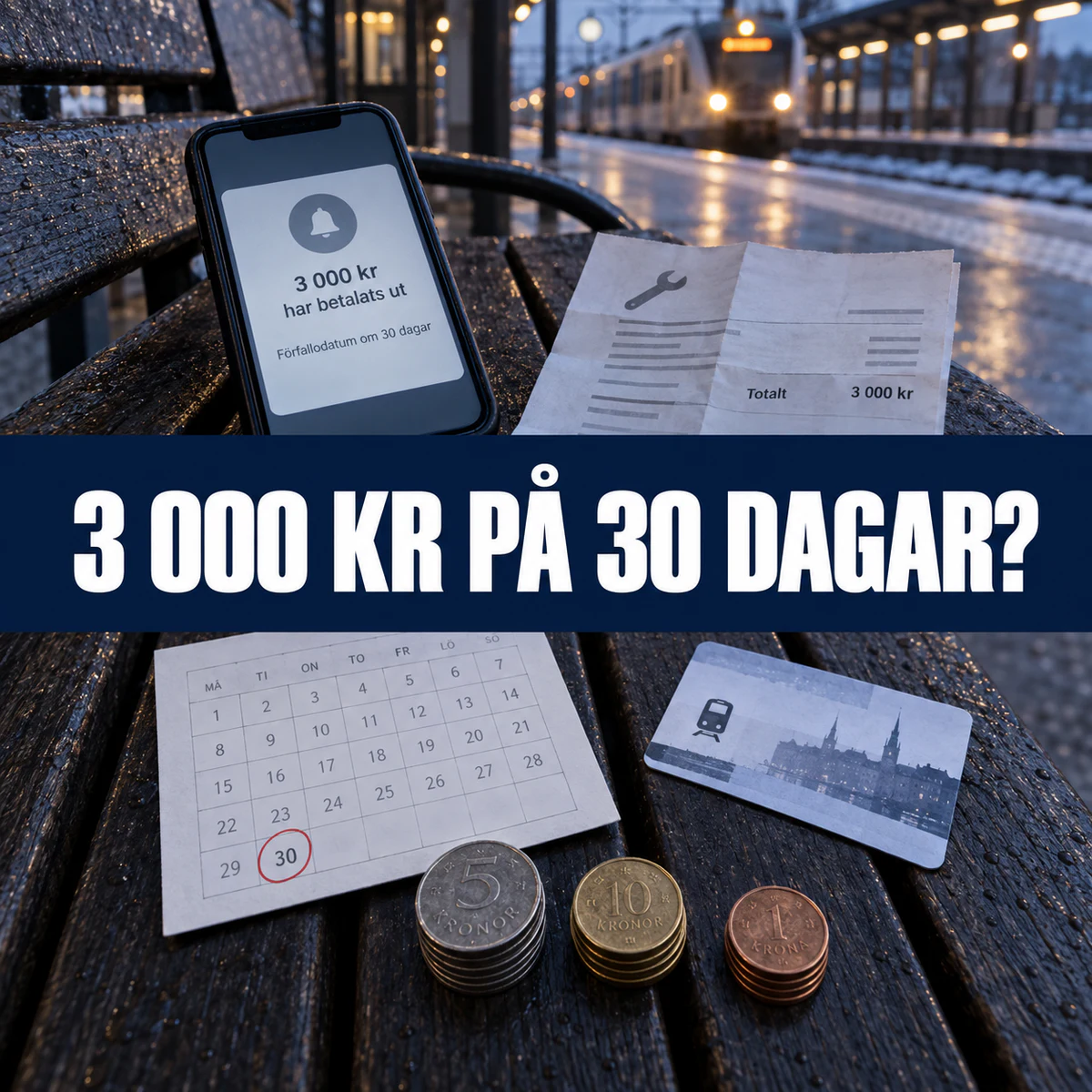 Mobil, kalender med 30 dagar och reparationsunderlag på en svensk järnvägsstation med texten 3 000 kr på 30 dagar?