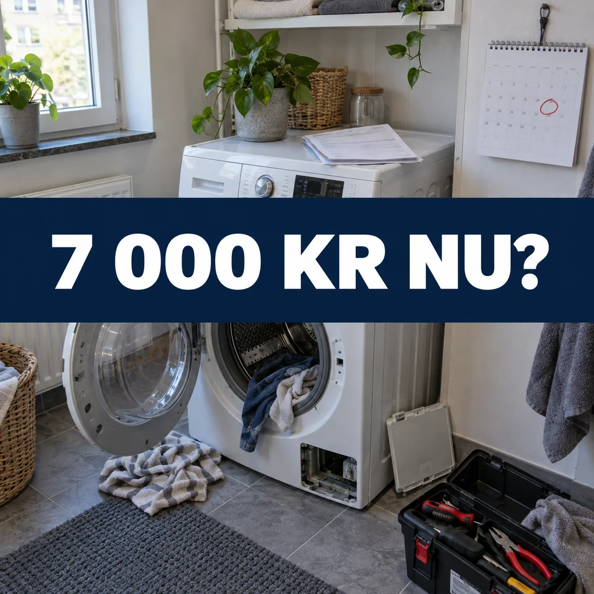 Trasig tvättmaskin, reparationsunderlag och förfallokalender i en svensk tvättvrå med texten 7 000 kr nu?