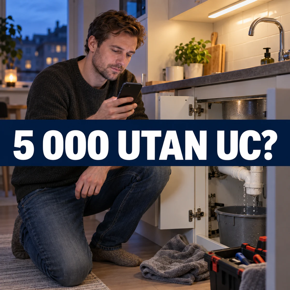 Man i en svensk lägenhet som kontrollerar mobilen vid ett läckande köksrör, med den stora centrala texten 5 000 utan UC?