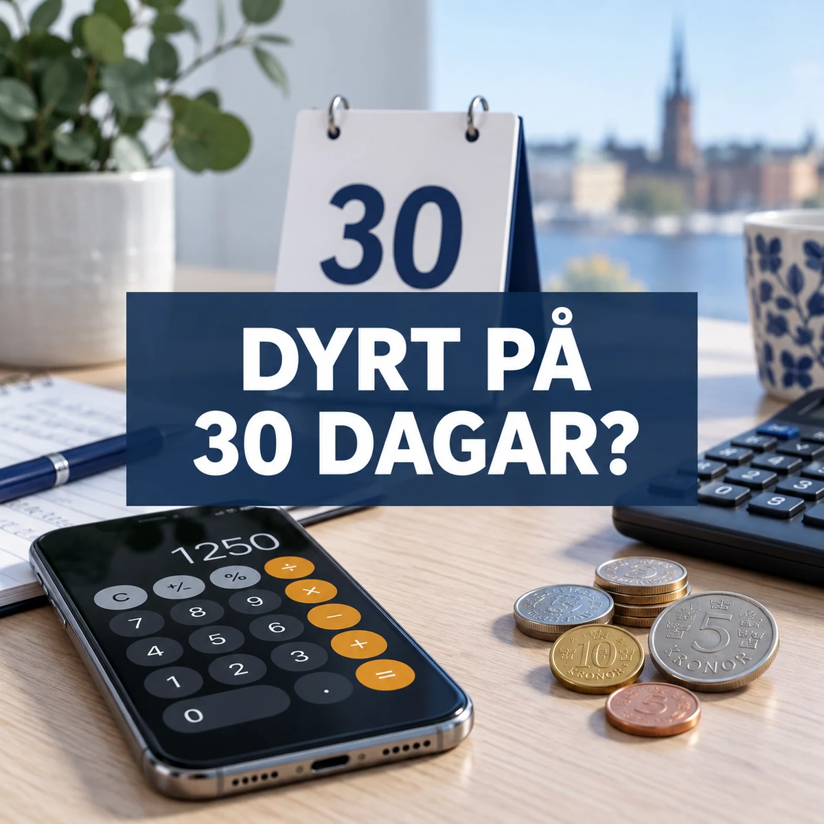 Kalender, kalkylator och mynt med den centrerade texten Dyrt på 30 dagar?