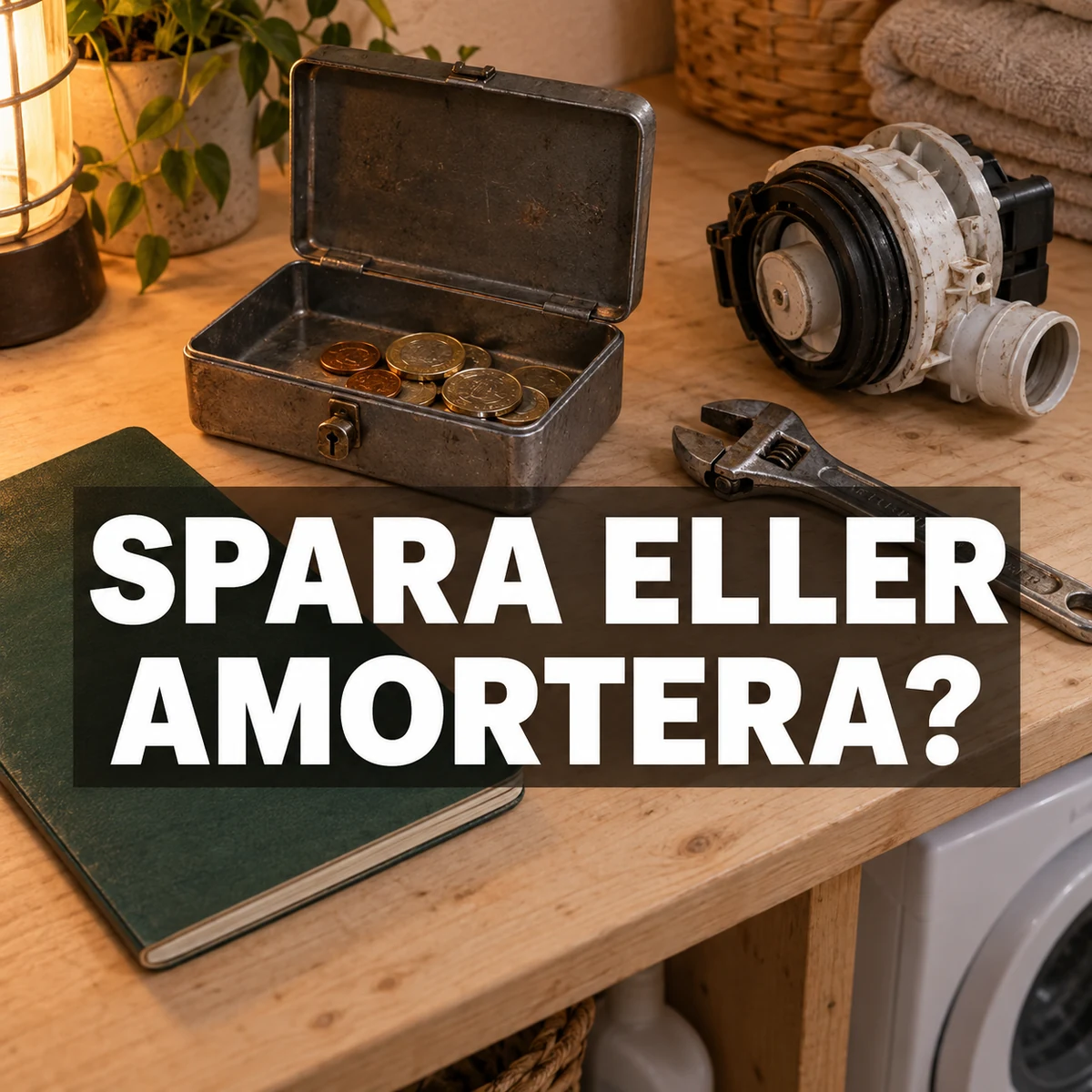 Öppen myntlåda, skiftnyckel och tvättmaskinsdel på en trähylla med texten Spara eller amortera?