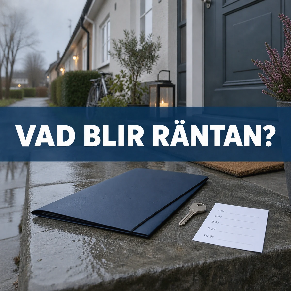 Bolånehandling och husnyckel på trappan till ett svenskt radhus, med texten Vad blir räntan?