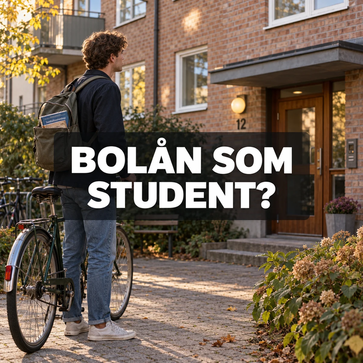 En ung man med cykel och kursböcker i ryggsäcken ser mot entrén till ett svenskt lägenhetshus, med texten Bolån som student?