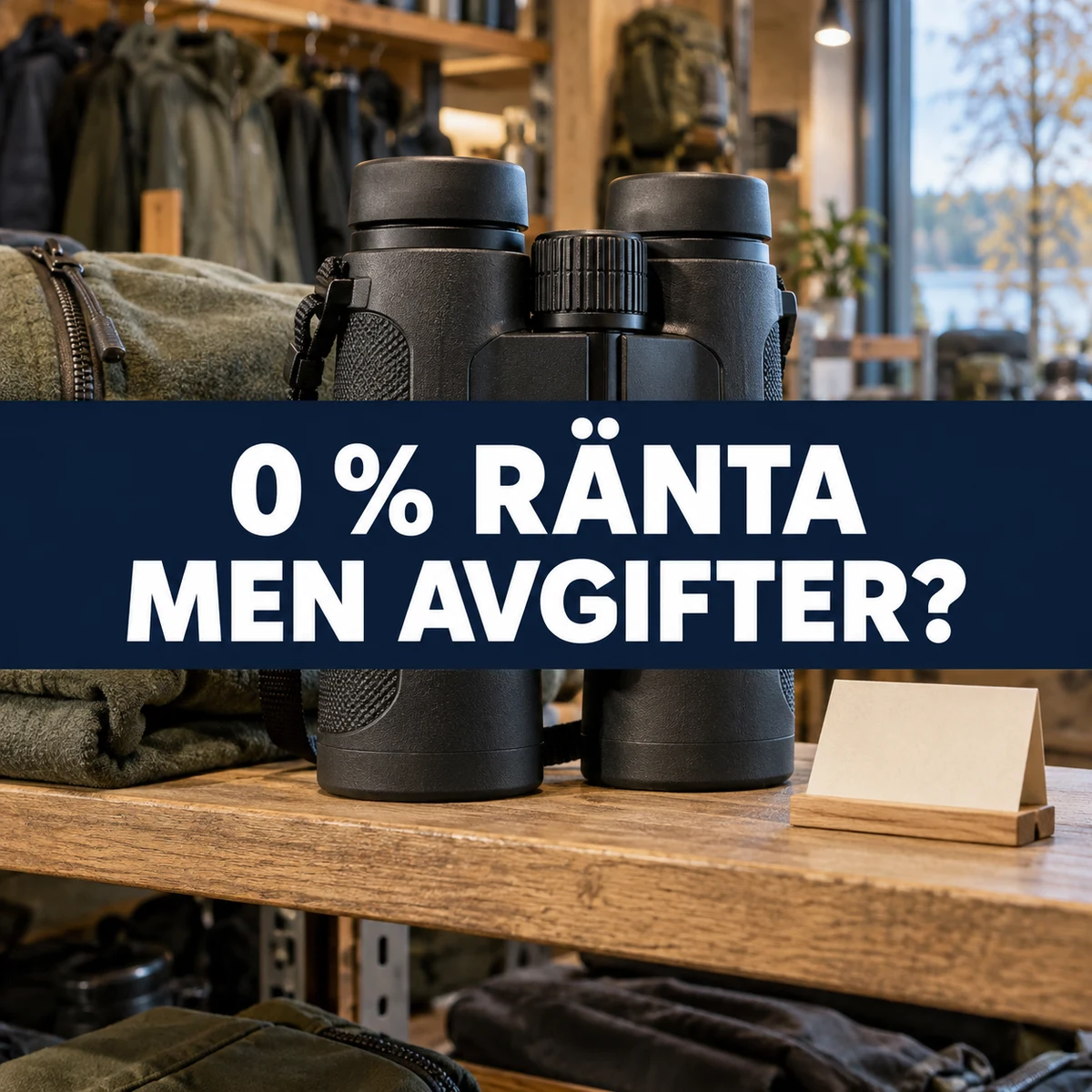 Kikare och vikt friluftsjacka på en butikshylla med frågan 0 % ränta – men avgifter?