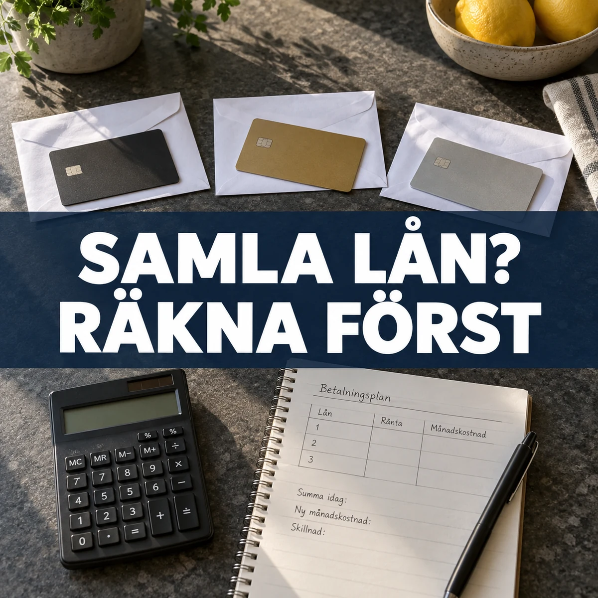 Tre neutrala kreditkort på separata kuvert bredvid miniräknare och betalningsplan på en stenbänk, med texten Samla lån? Räkna först.