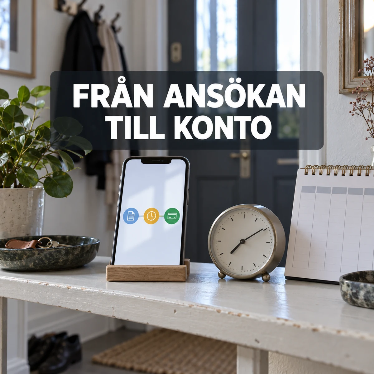 Mobil med tre processymboler, en analog klocka och en kalender på en svensk hallhylla, med texten Från ansökan till konto