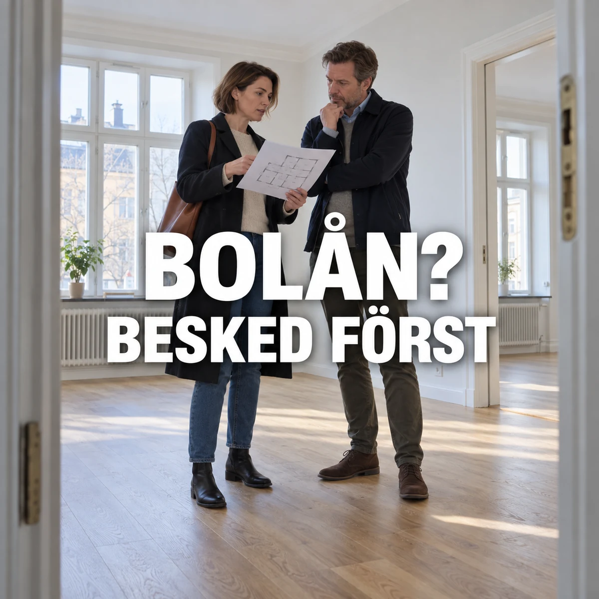 Kvinna och man granskar en planritning i en ljus tom lägenhet med texten Bolån? Besked först
