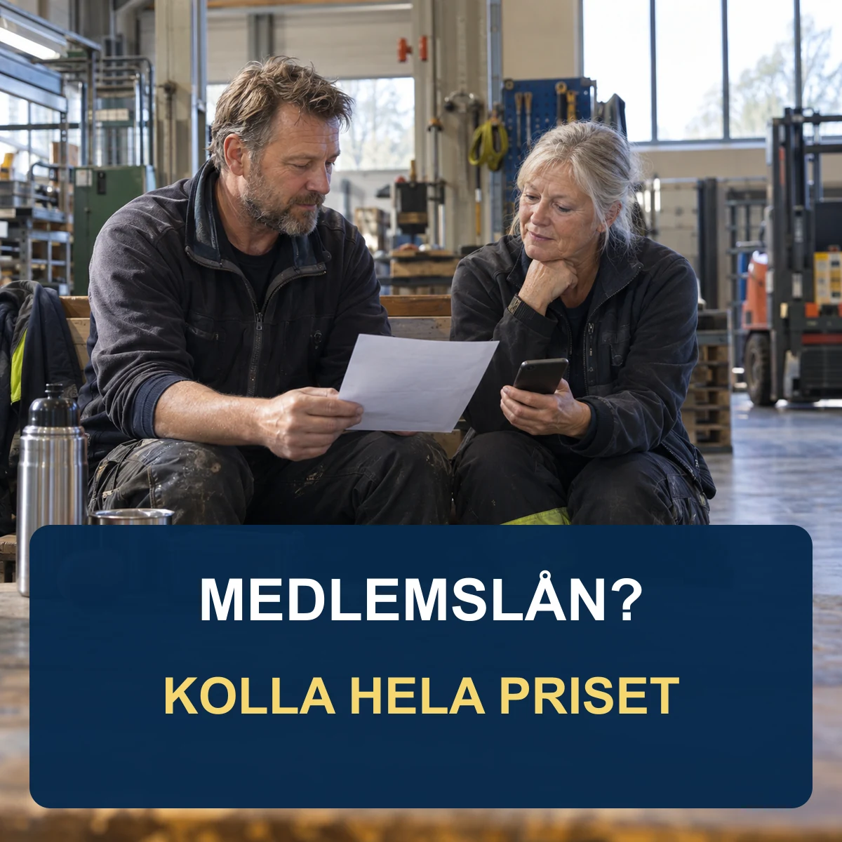 Två medelålders kollegor i en svensk verkstad jämför medlemsvillkor och mobil, med texten Medlemslån: kolla hela priset