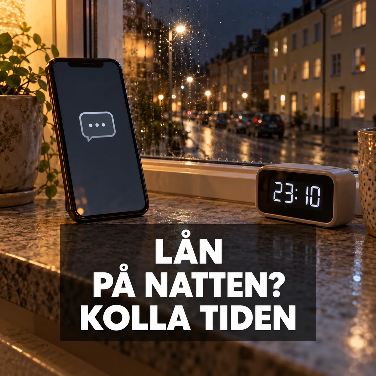 En mobil med väntande meddelande och en digital klocka som visar 23:10 på en stenfönsterbräda mot en regnig gata på natten, med texten Lån på natten? Kolla tiden