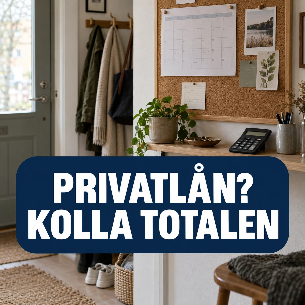 Anslagstavla med månadskalender och miniräknare i en svensk hall, med texten Privatlån? Kolla totalen