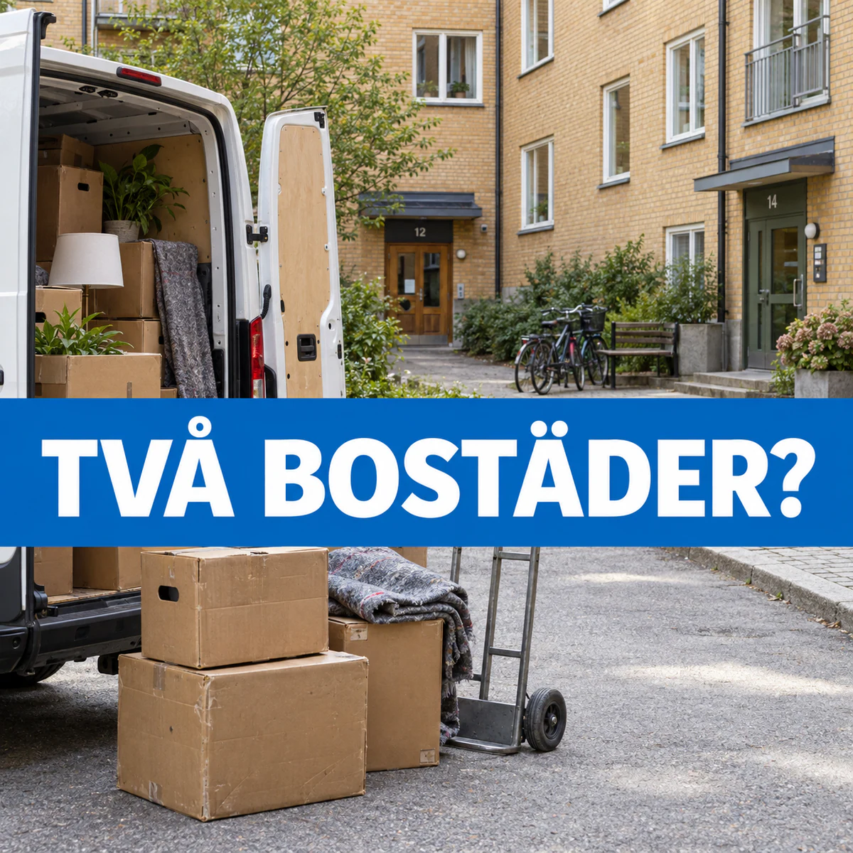 Flyttkartonger och en flyttbil på en svensk innergård mellan två bostadsentréer med texten Två bostäder?