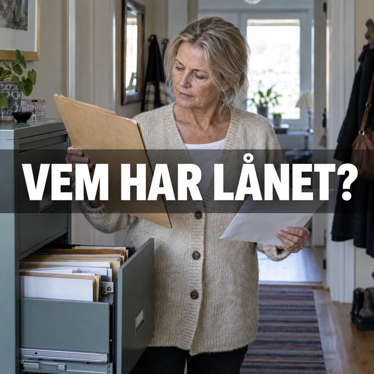Äldre kvinna jämför en gammal lånemapp med ett nytt kuvert vid ett öppet dokumentskåp under texten Vem har lånet?
