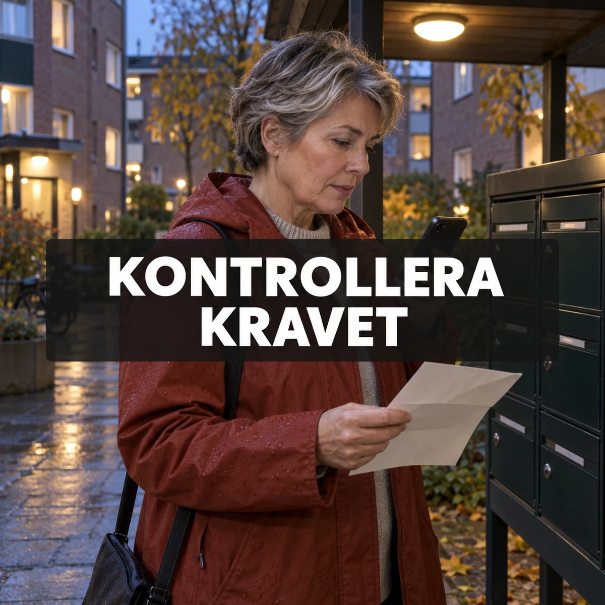 Kvinna i röd regnjacka kontrollerar ett brev med mobilen vid postfack i en svensk gård i skymningen, under texten Kontrollera kravet