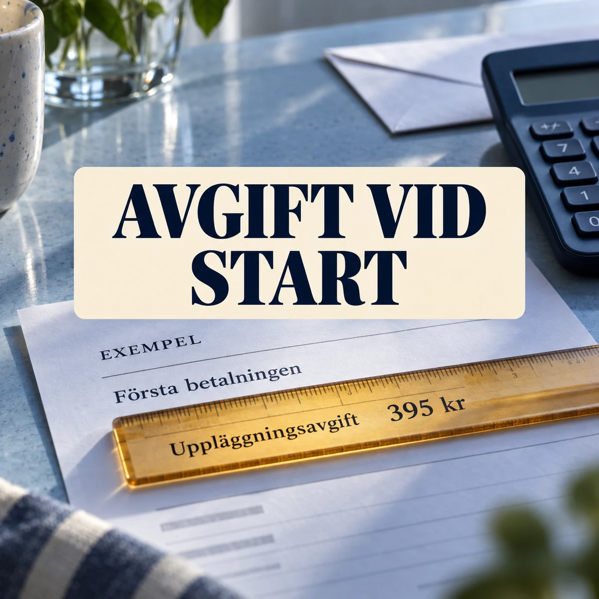 Exempelfaktura med uppläggningsavgift på 395 kronor markerad under en gul linjal på en köksbänk, med texten Avgift vid start