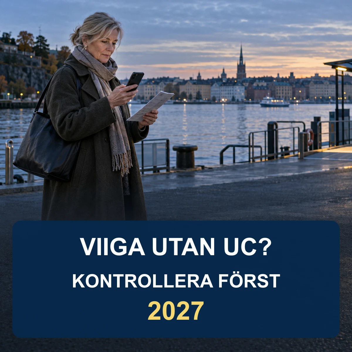 Äldre kvinna vid Stockholms kaj som granskar ett låneunderlag i mobilen och texten Viiga utan UC, kontrollera först 2027