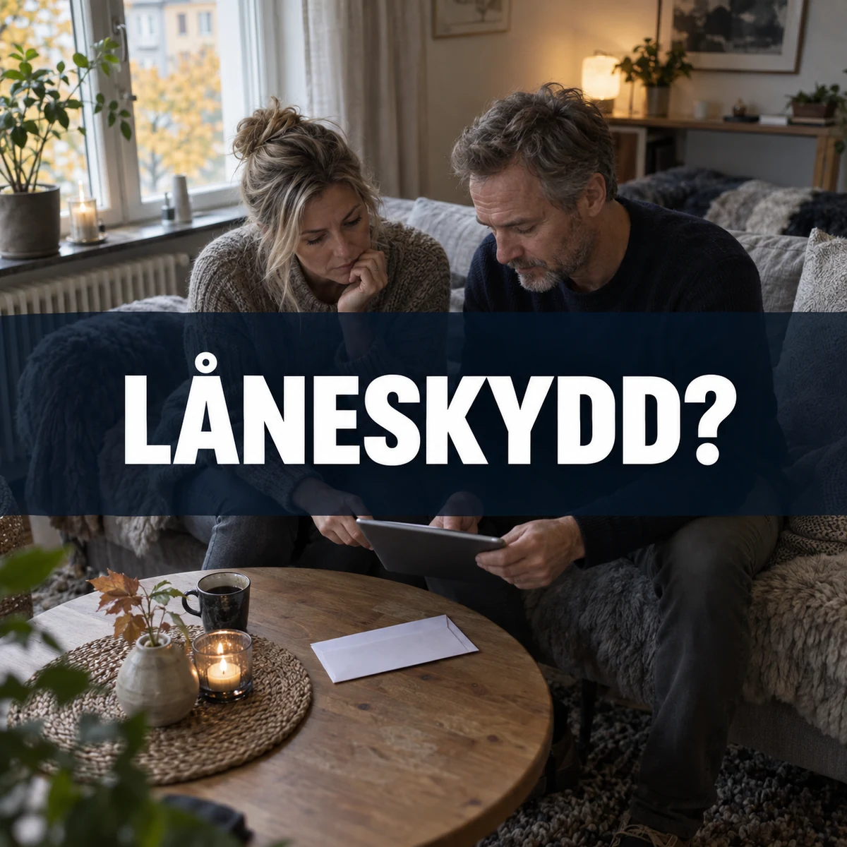 Medelålders par i ett svenskt vardagsrum jämför försäkring på surfplatta under frågan Låneskydd?