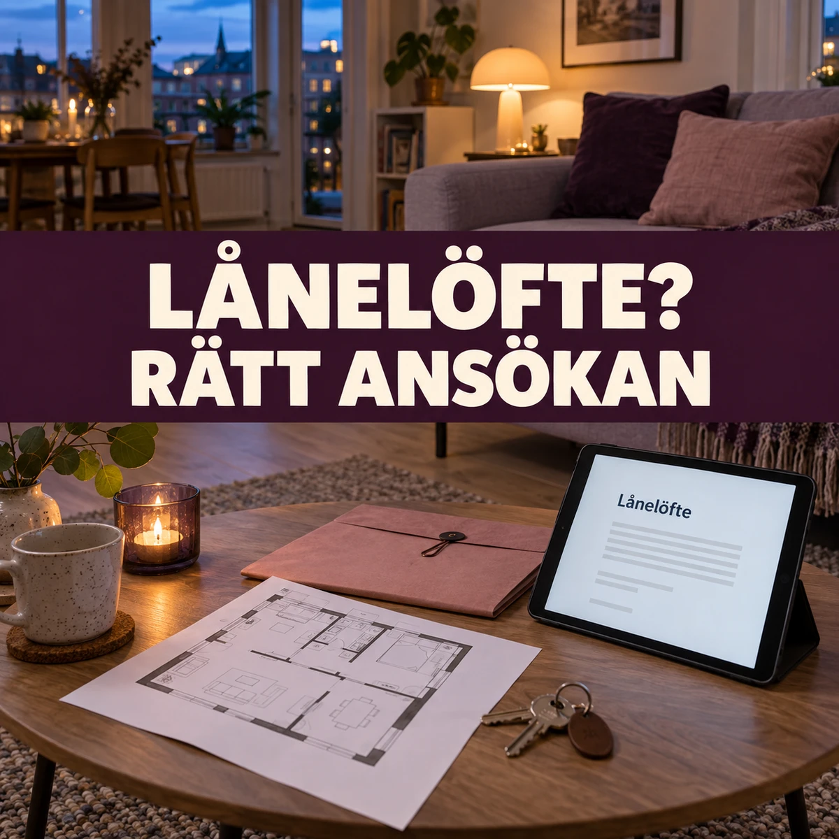 Ett svenskt vardagsrum i skymning med bostadsritning, nycklar och en surfplatta märkt Lånelöfte, bakom texten Lånelöfte? Rätt ansökan